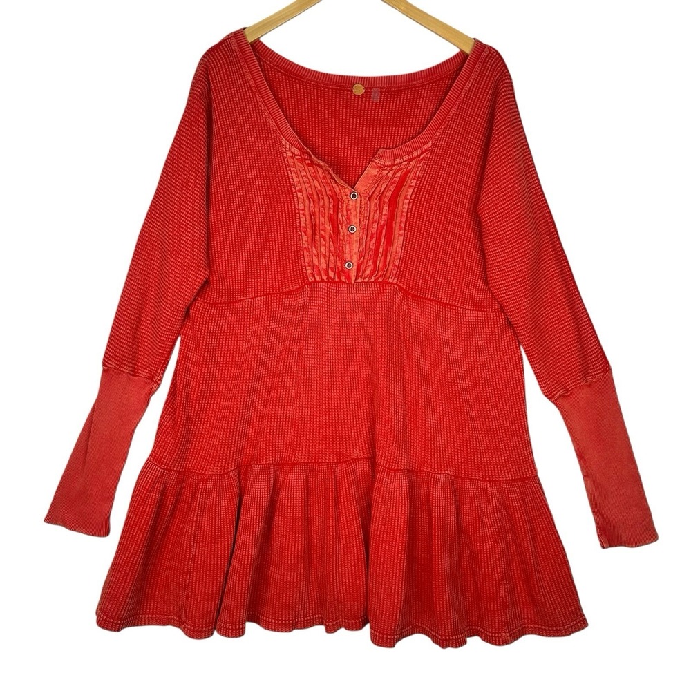 Free People Jolene Waffle Knit Thermal Tiered‎ Mini Dress Henley Boho Medium Red